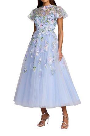 Mac Duggal Flutter Sleeve Embroidered A-Line Midi Dress in Blue Multi at Nordstrom, Size 16