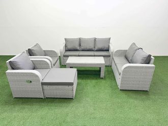 Fimous PE Rattan Garden Furniture Set Adjustable Chair Sofa Double Love Seat 2 Seater Sofa Lounge Set Rectangular Coffee Table Big Footstool Light