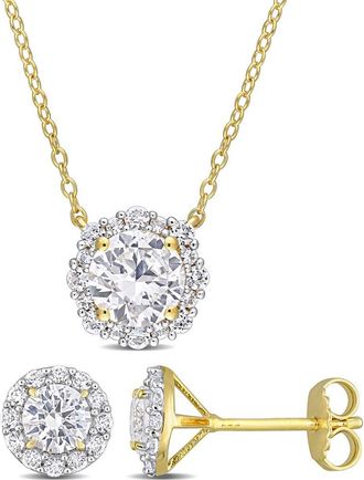 Delmar Lab Grown White Sapphire Round Halo Stud Earrings & Pendant Necklace Set in Gold at Nordstrom Rack