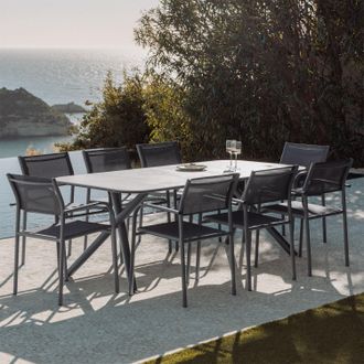 Sklum Set De Mesa Rectangular 200x95 Cm En Aluminio Brinela Y 8 Sillas De Jard&iacute;n Apilables Con Reposabrazos En Aluminio Olenia Sklum