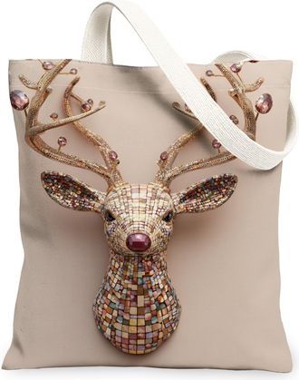 Generic Vintage Artistic Canvas Tote Bags, Deer Mosaic Pattern Reusable Grocery Bags, Winter Festive Lightweight Washable Shoulder, Beige, 13x15 Inch