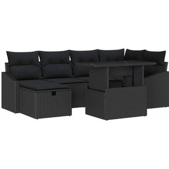 vidaXL Conjunto De Sof&aacute; De Jard&iacute;n Con Coj&iacute;n 7 Pcs Negro Polirat&aacute;n
