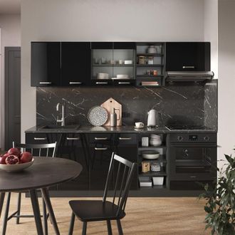 Vicco Mueble De Cocina R-line, Negro/antracita De Alto Brillo, 240 Cm Sin Encimera