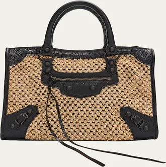 Balenciaga Le City Woven Leather-Trim Top-Handle Bag
