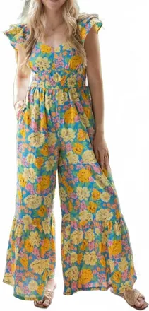 Merci Super Trouper Floral Jumpsuit In Yellow/ Blue