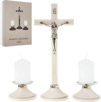 OEM Villancico De Madera Beige Con Cruz Y Candelabros En Caja De 22 Cm