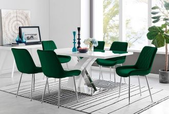 Furniturebox Atlanta 6 White Dining Table & 6 Pesaro Silver Leg Chairs in Green