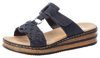 Rieker Pantolette RIEKER, Damen, Gr. 36, blau (nachtblau), Lederimitat, unifarben, Schuhe Pantolette, Keilabsatz, Sommerschuh, Schlappen mit Riemchen in Flec
