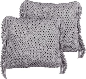 Beliani Beliani - Conjunto De 2 Cojines De Algod&oacute;n Con Relleno Macram&eacute; Patr&oacute;n Boho Retro Flecos 45 X 45 Cm Gris Besham