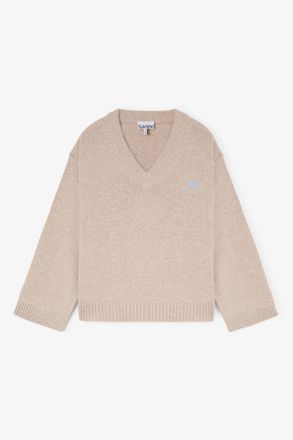 Ganni Beige Wool Mix V-neck Jumper - Size XXS/XS