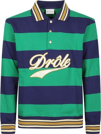 Dr&ocirc;le de Monsieur Embroidered Logo Script Striped Long-Sleeve Cotton Polo Shirt