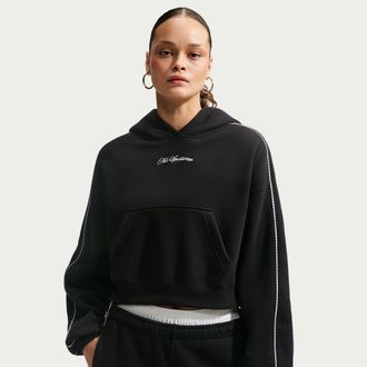 Nike Womens Studio Fleece Medium Weight Graphic Pack Cropped Pullover Hoodie in Black | IO9948-001