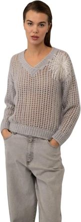 PANICALE Maglia traforata con ricamo sulla spalla mohair e alpaca - Dames - V-hals truien - Grijs - M - Truien & Vesten