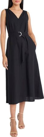 Maggy London Belted V-Neck Midi Dress in Black at Nordstrom, Size X-Small