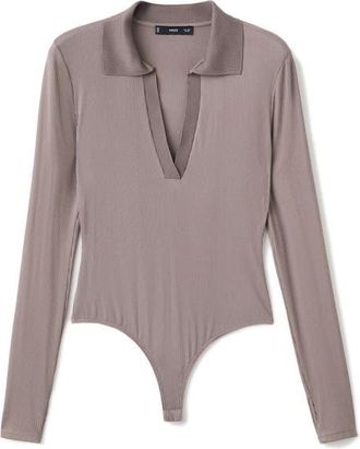 Mango Johnny Collar Long Sleeve Rib Bodysuit in Light/pastel Brown at Nordstrom, Size Medium
