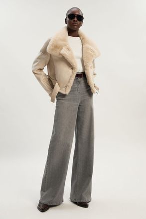 Karen Millen Womens Faux Shearling Crop Biker Coat - White - Size 14 UK