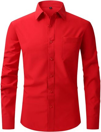 Generic Mens Casual Fashion Solid Color Business Lapel Pocket Long Sleeved Shirt Mens Tops Short Sleeve Red