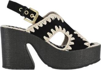 Mou Raffia Platform Back Strap Sandalen - Dames - Sandalen met hakken - Zwart - 36 EU - Su&egrave;de - Schoenen