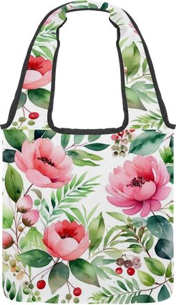 Generic Flowers and Green Leaves Reversible Canvas Shoulder Tote - Double-Sided Print, 12oz Cotton, 27cm Drop, Fold-Flat Bag for Travel, Shopping, Street Outi