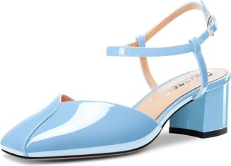 Castamere Women Chunky Block Mid Heel Square Toe Ankle Strap Pumps Court Shoe Wedding Office Dress 5 CM Heels Light Blue 7.5 UK