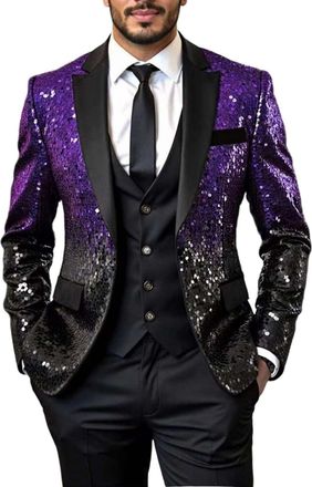 Generic Sequin Jacket for Men UK Regular Fit Glitter Blazer Stretch Jacket Stylish Color Block Lapel Long Sleeve Suit Blazer Wedding Party Performance Costume