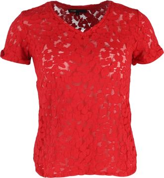 Maje Lace V-Neck T-Shirt in Red Cotton