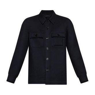 Tom Ford Casual Shirts, male, Blue, Size: 2XL Wool shirt with pockets