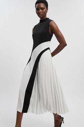 Karen Millen Womens Petite Soft Tailored Colour Block High Neck Pleated Midi Dress - Monochrome Multi - Size 10 UK