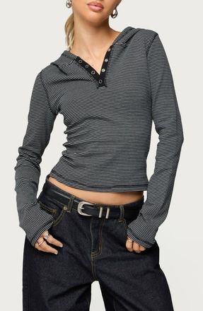 Edikted Damson Stripe Hooded Henley in Black at Nordstrom, Size X-Small