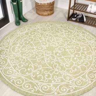 Jonathan Y Designs Charleston Vintage Filigree Textured Weave Indoor/Outdoor Round Area Rug in Green/cream at Nordstrom, Size 5Ft 0In X 5Ft 0In