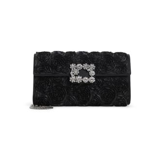 Roger Vivier Black Satin Envelope Flap Rose Flower Buckle Shoulder Bag-Donna