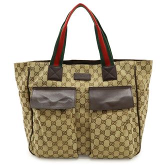 Gucci Beige Dark Brown Green Khaki Red Color Gg Canvas Leather Shoulder Bag Tote Bag (Pre-Owned)