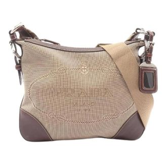 Prada Pre-owned Cross Body Bags, female, Beige, Size: ONE SIZE Pre-owned Logo Jacquard Canvas Leather Shoulder Bag