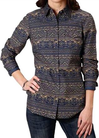 Roper Womens West Made Aztec Western Snap Shirt In Navy