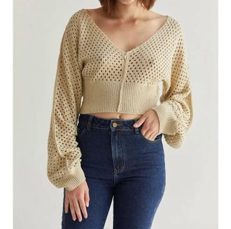 Crescent Meghan Crop Dolman Netted Top In Oatmeal