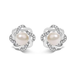 House of Brilliance Sterling Silver Pearl and 1/10 Cttw Diamond Floral Twist Stud Earrings
