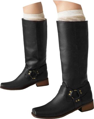 Generic Womens Knee High Boots Slip on Fashion Boot Square Toe Chunky Low Heel Fashion Buckles Vintage Riding Boots for Women Black