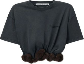 Alexander Wang T-shirt met korte mouwen en imitatiebontrand - Dames - T-shirts - Zwart - M - Katoen - Tops