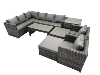 Fimous 8 Pieces Garden Furniture Corner Sofa Set & Chair Big Stool Side Table in Dark Grey