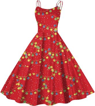 Generic Womens Vintage Sleeveless Print Christmas Party Swing Dress Ladies Sexy Xmas Dresses Christmas Evening Swing Print Dress Sexy Sleeveless A line Cockta