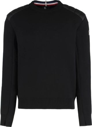 Moncler Round-neck Knitwear, male, Black, 2XL, Embroidered Logo Wool Jumper