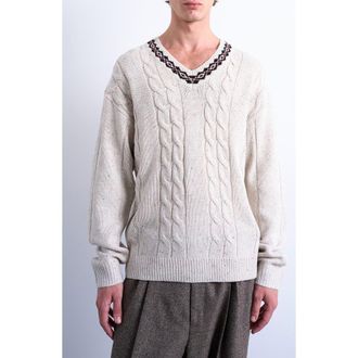 Topman V-Neck Cable Nep Sweater in Ecru at Nordstrom, Size Xx-Large