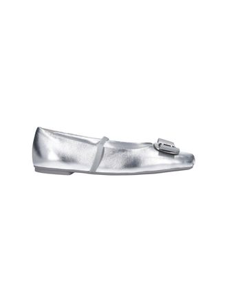 Ferragamo Rounded Toe Metallic Silver Flat Shoes