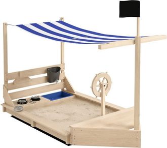 OUTSUNNY Arenero Para Ni&ntilde;os De Madera Arenero Infantil Con Toldo Volante Juguetes De Cocina Y Forma De Barco Pirata Para Patio Jard&iacute;n 180x103x144,5 Cm