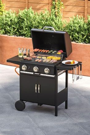 Living and Home Smart 3-Burner Propane Gas Grill with Wheels - 42 Large Outdoor BBQ w/ Warming Rack & Even Heating in Black