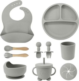 Trade Shop Trade Shop - Set 10pz Pappa Destete Ni&ntilde;os Silicona Plana Placa Cuchara Cuchara Babero Babero