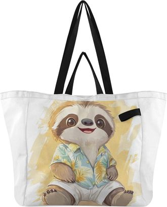 Generic Sloth Yellow print Reusable Canvas Tote Bag, Heavy Duty Grocery Shopping Bag with Double Handles Large Capacity Hard Bottom Work Groceries Travel