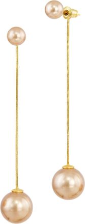 Savvy Cie Jewels CHAMPAGNE SHELL PEARL AND LONG CHAIN DRAMATIC DROP EARRINGS