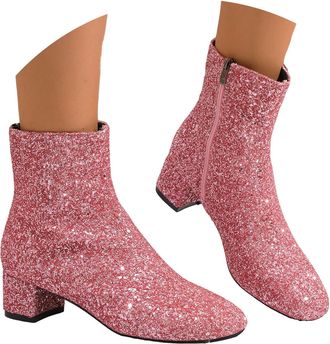 Generic Womens Glitter Sequins Ankle Boots Chunky Block Heeled Sparkly Short Boots with Side Zipper Round Toe Wide Calf Rhinestone Ankle Booties Wedding Brida