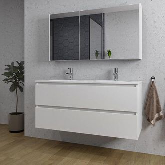 Saniclass Chaci Badkamermeubelset - 120x46x55cm - keramische wastafel wit - 2 ovale wasbakken - 2 kraangaten - 2 lades - spiegelkast - mat wit